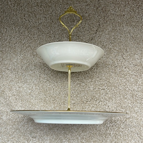 Two Tiered Jewelry Tidbit Cheese Tray Vintage CAMWOOD Ivory 22 Carat Gold Bowl - Picture 7 of 8